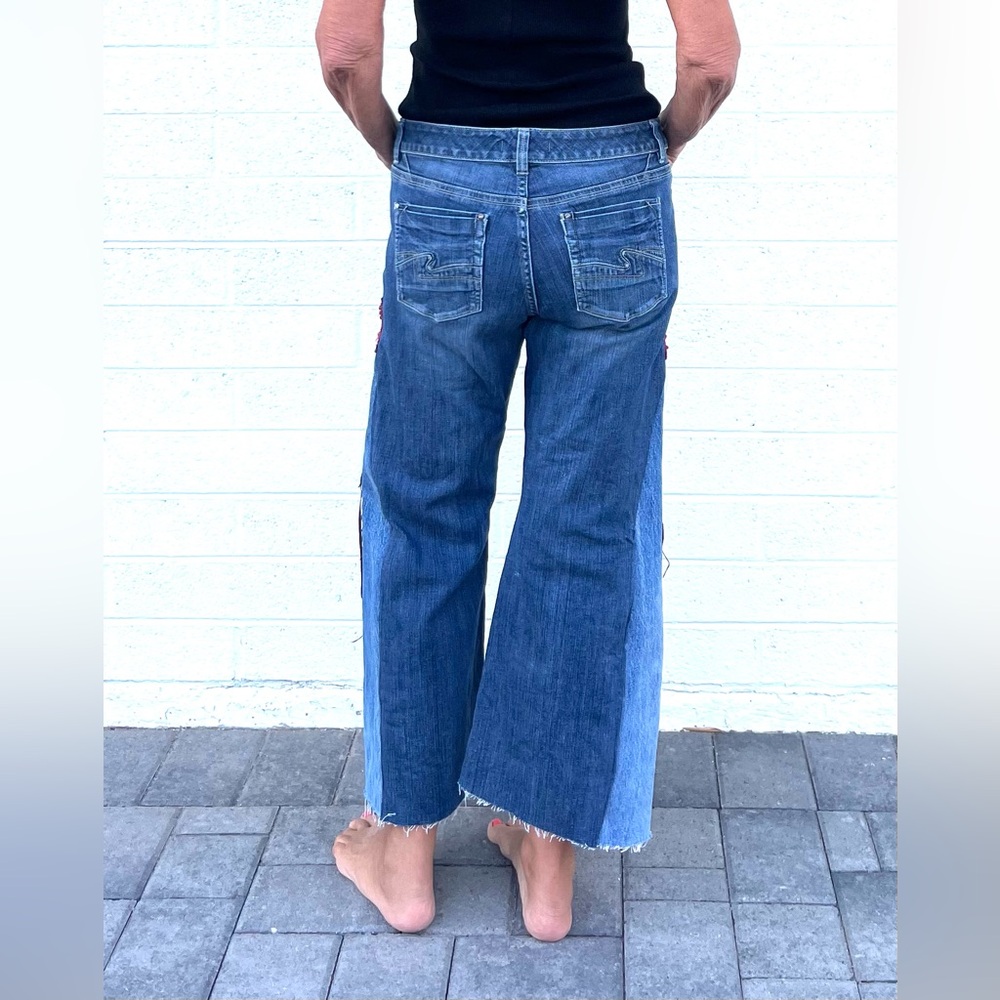 Upcycled wide leg mid rise jeans with patchwork and butterfly embellishments - Picture 9 of 9